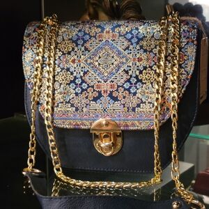 TURKISH KILIM Tapestry Crossbody Bag – Motif Istanbul Collection Navy Gold NWT